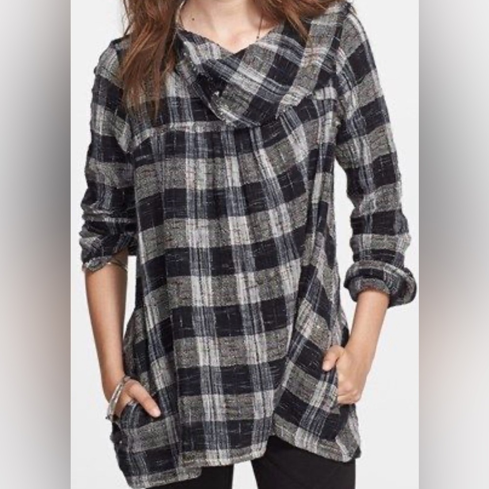 Free People Women's Walk in the Park Plaid Cowl Neck Tunic Size S Petite